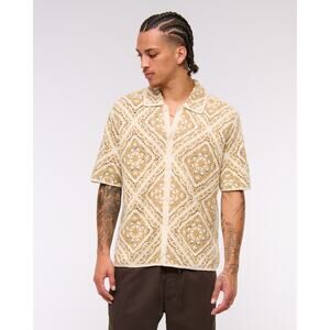 NWT Men's Abercrombie & Fitch Crochet Floral Button Sweater Polo Shirt Top XL